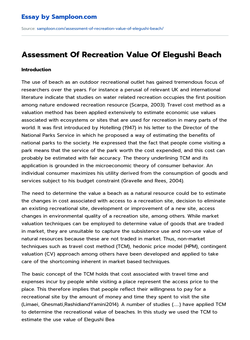 Assessment Of Recreation Value Of Elegushi Beach essay