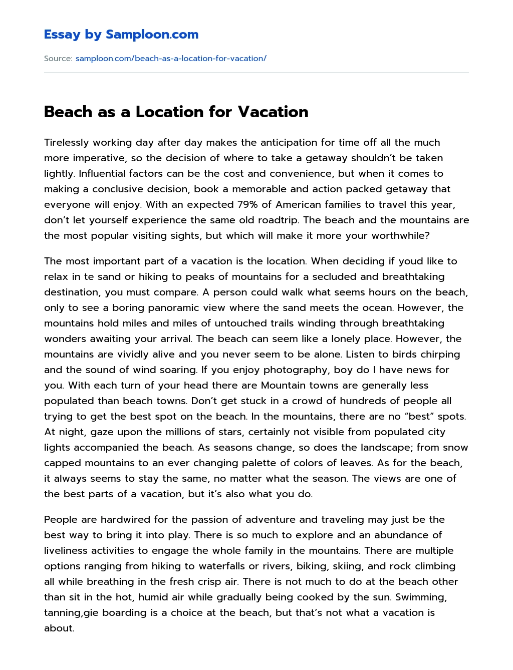 Beach as a Location for Vacation essay