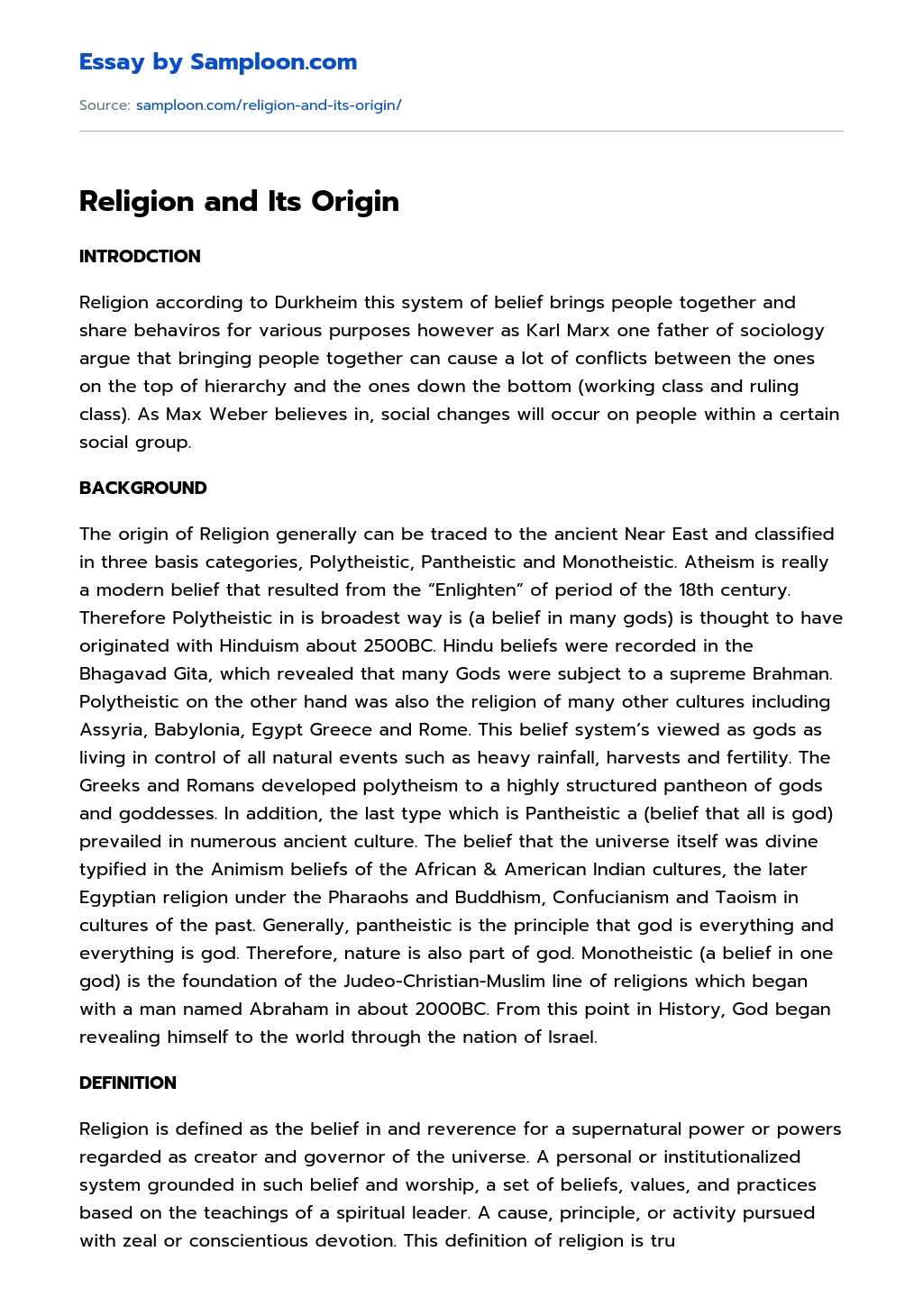 Religion and Its Origin essay