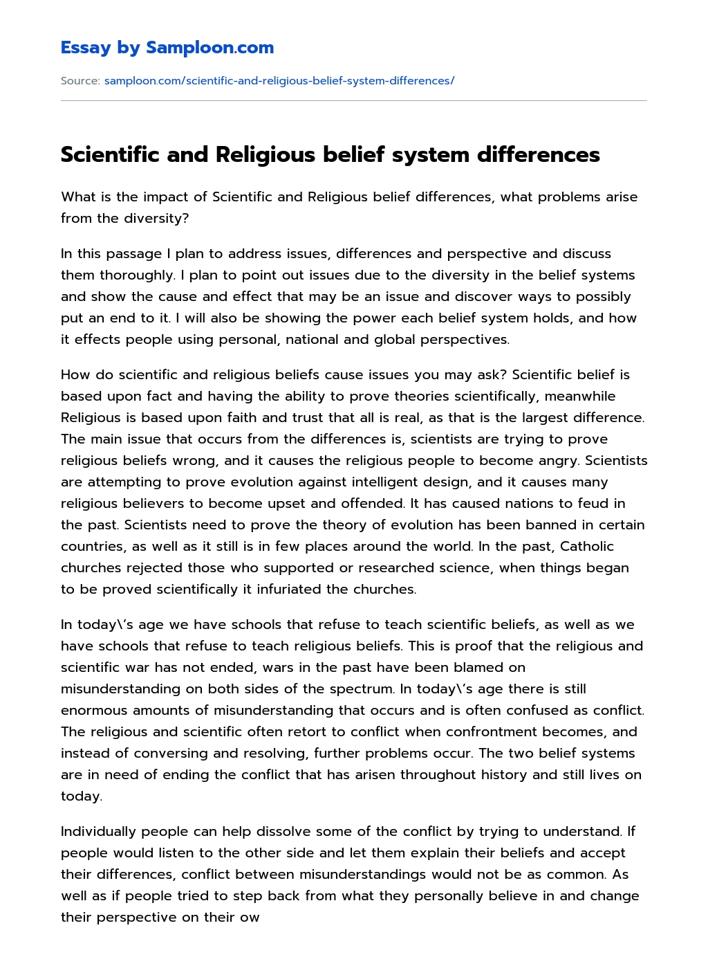 Scientific and Religious belief system differences essay