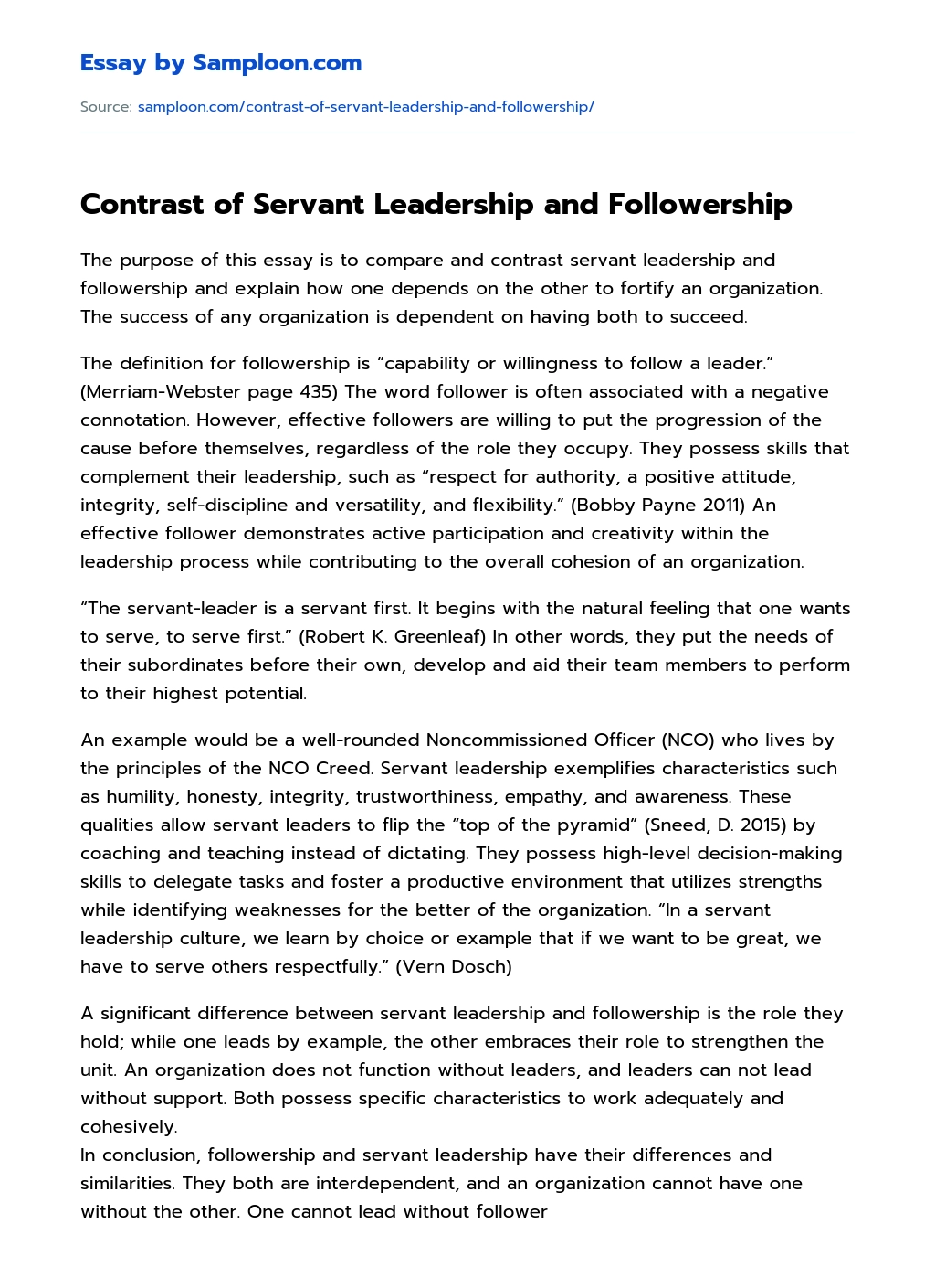 Contrast of Servant Leadership and Followership essay