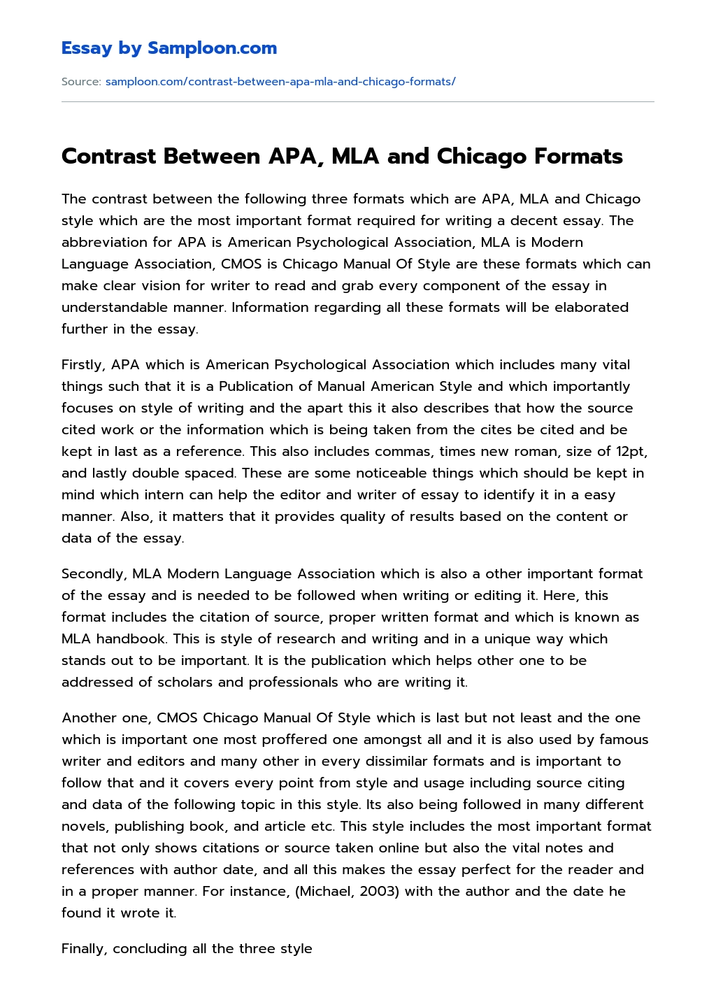 Contrast Between APA, MLA and Chicago Formats essay