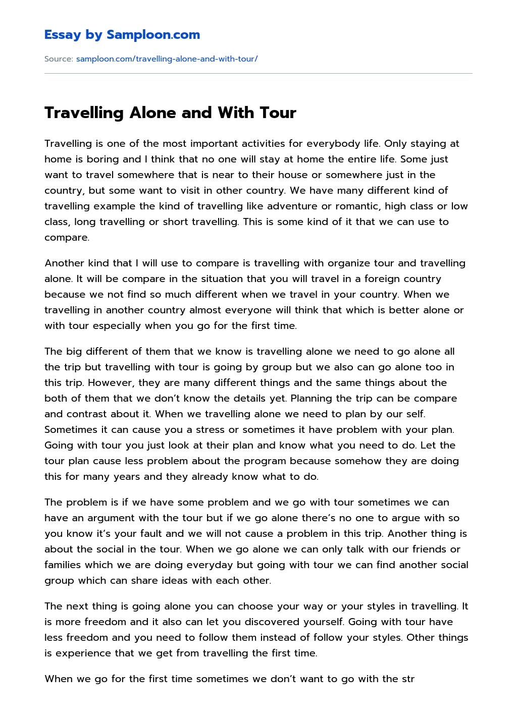 Travelling Alone and With Tour essay