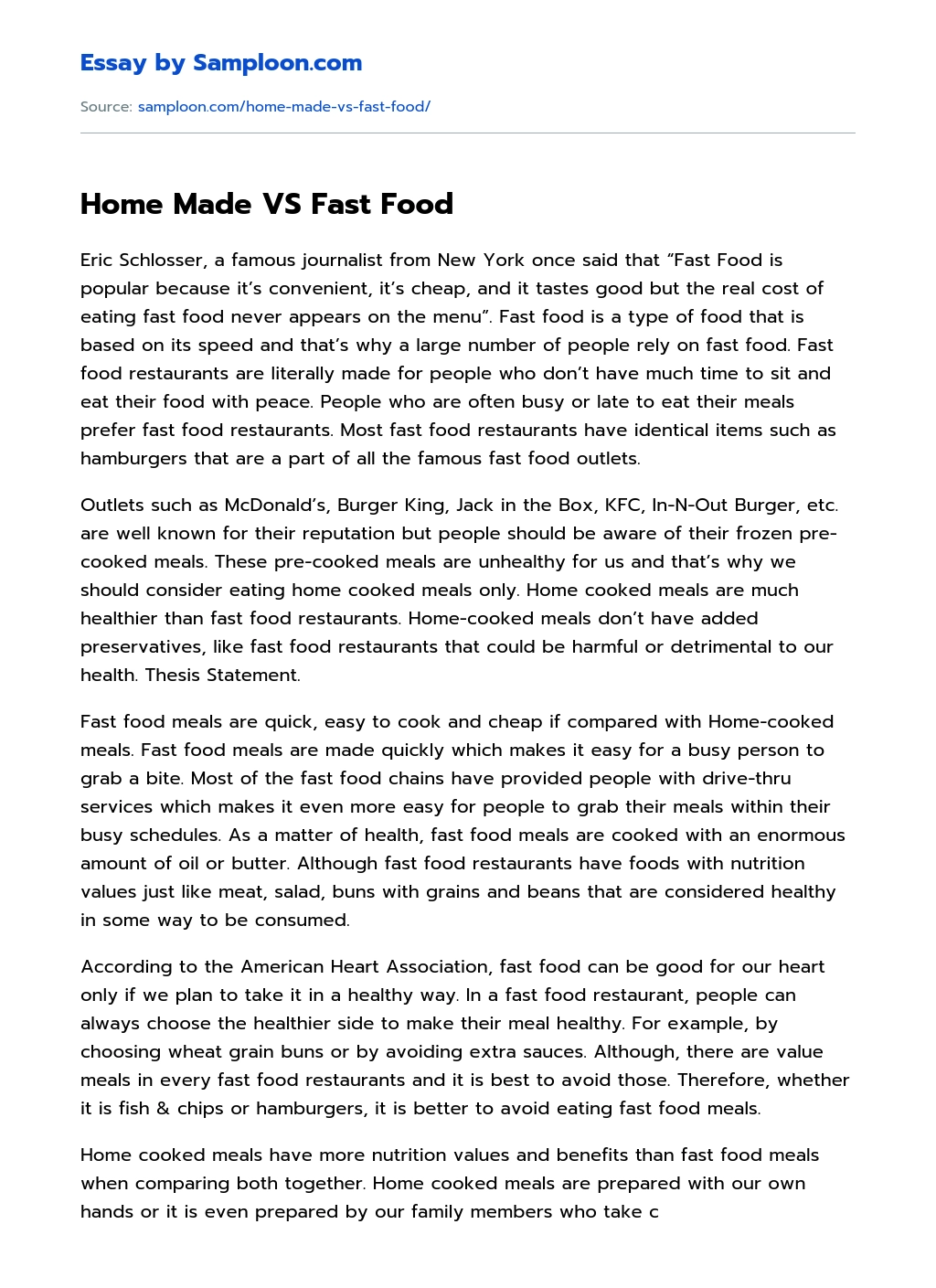 Home Made VS Fast Food Compare And Contrast essay