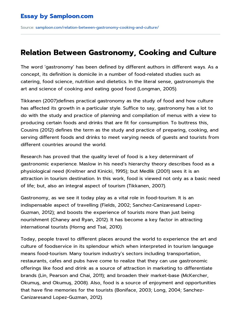 Relation Between Gastronomy, Cooking and Culture Argumentative Essay essay