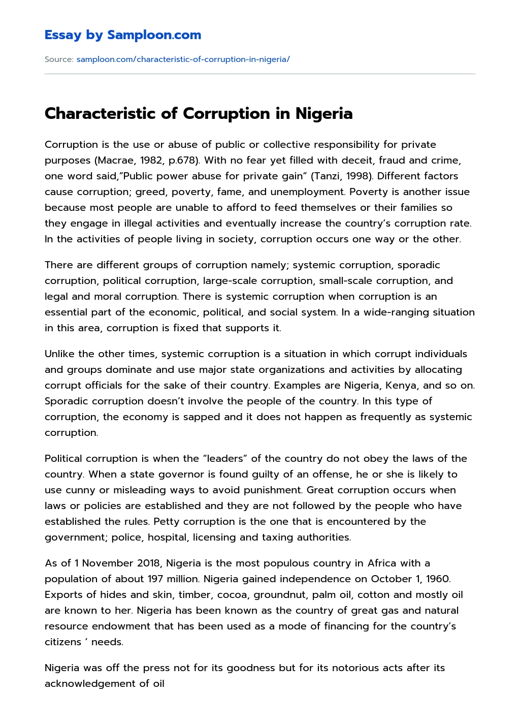 Characteristic of Corruption in Nigeria essay