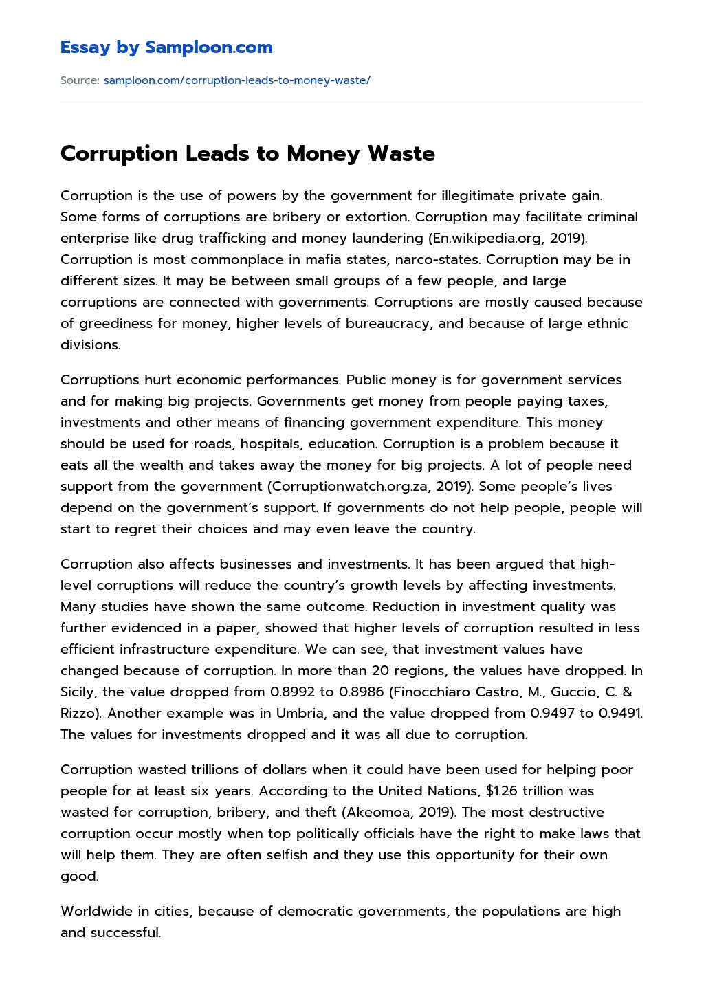 Corruption Leads to Money Waste essay