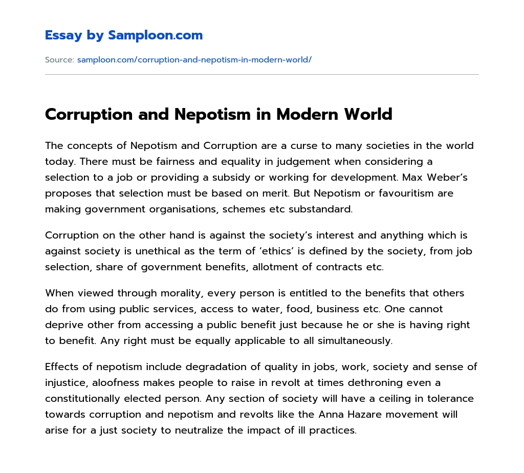 Corruption and Nepotism in Modern World essay