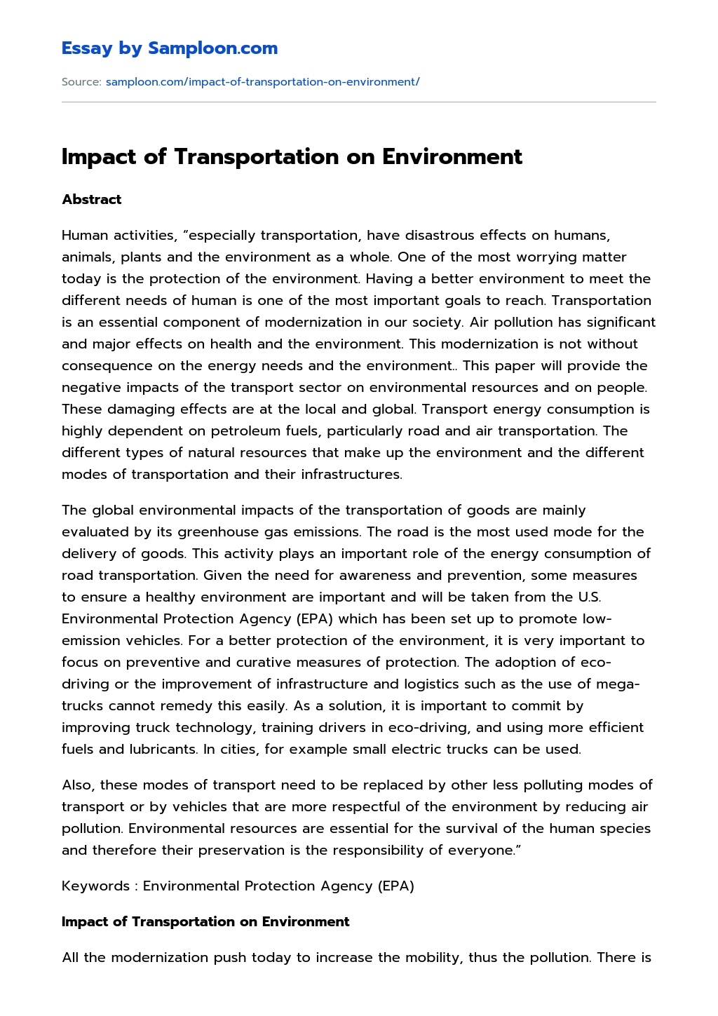 Impact of Transportation on Environment essay