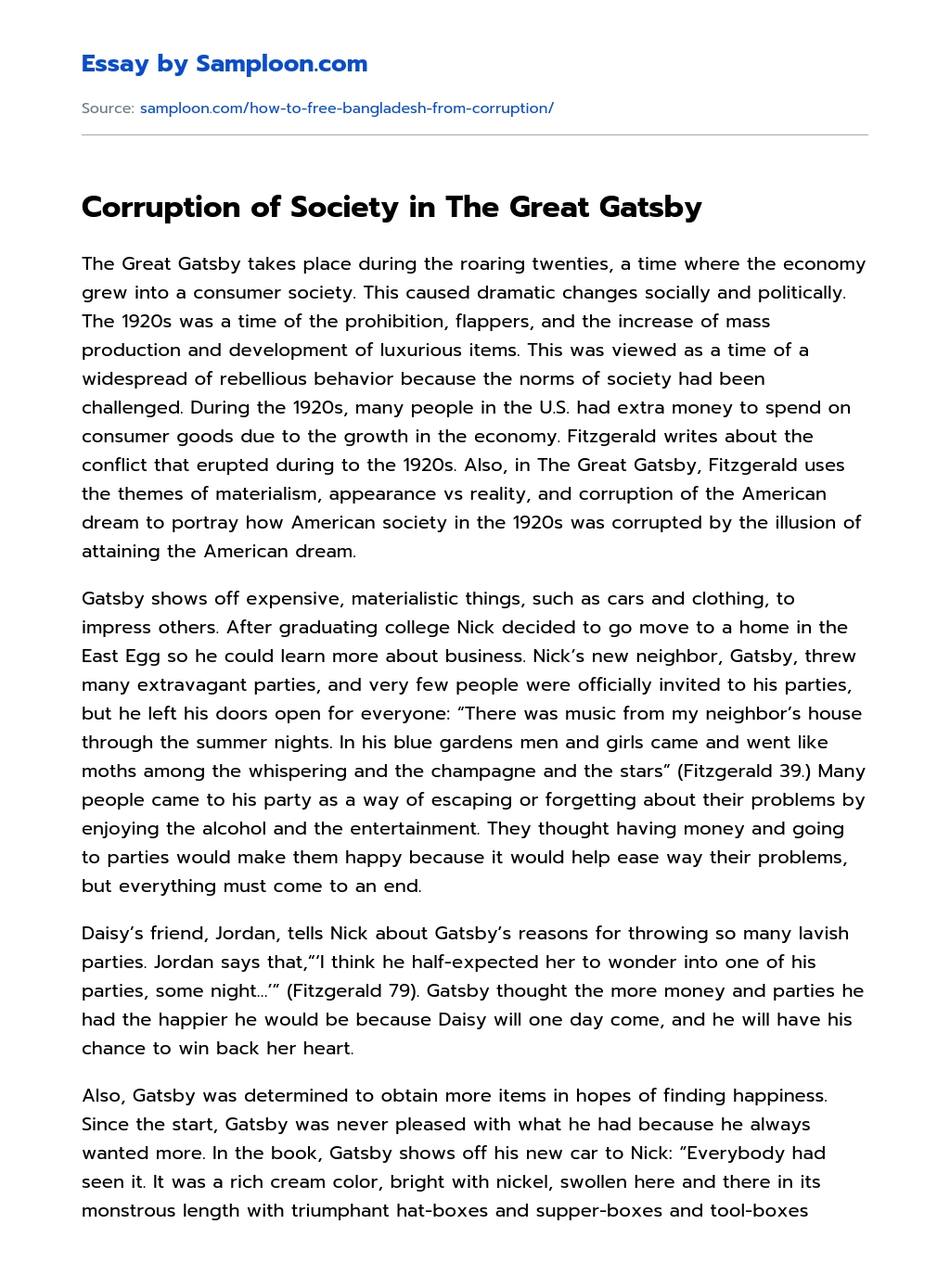 corruption of the american dream in the great gatsby essay