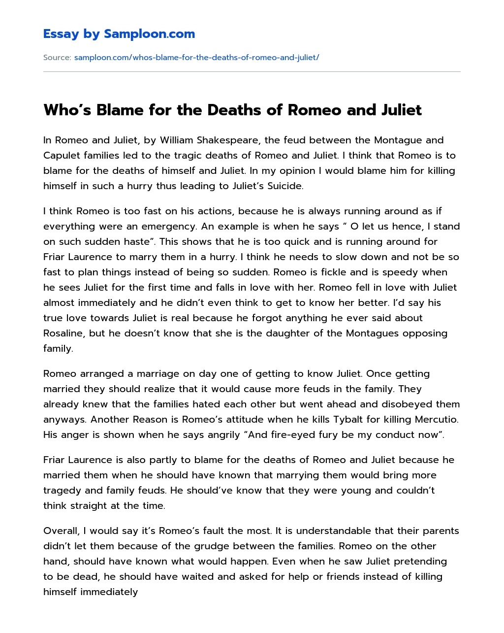 who is to blame for romeo and juliets death essay