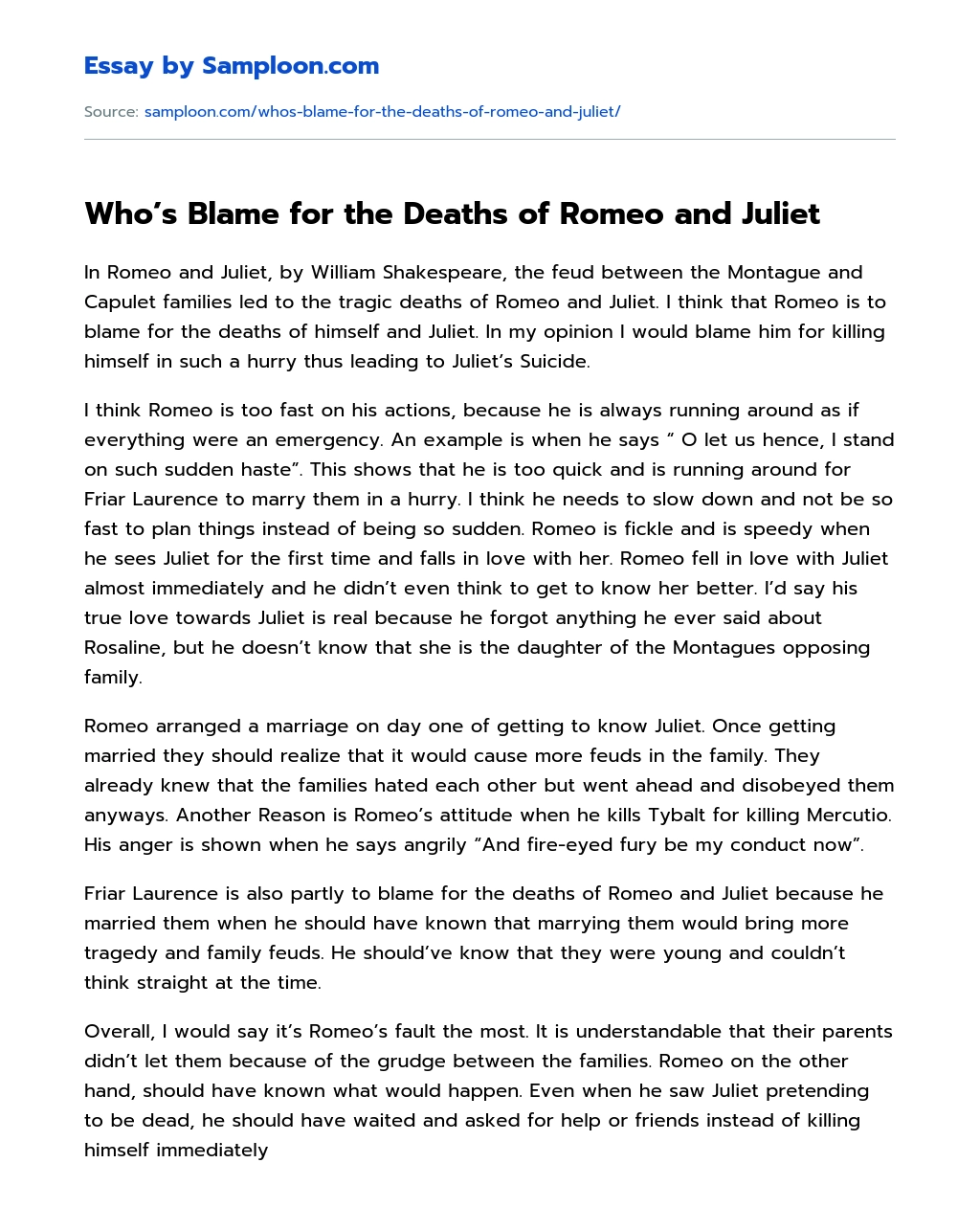 who is to blame for romeo and juliet's death essay