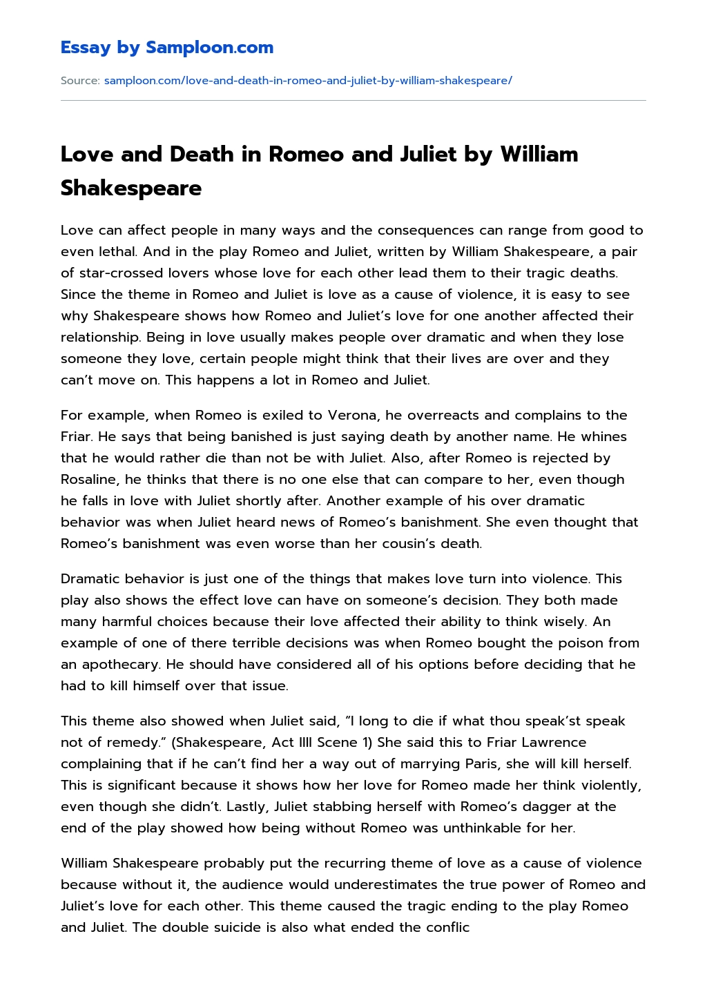 Love and Death in Romeo and Juliet by William Shakespeare Argumentative Essay essay