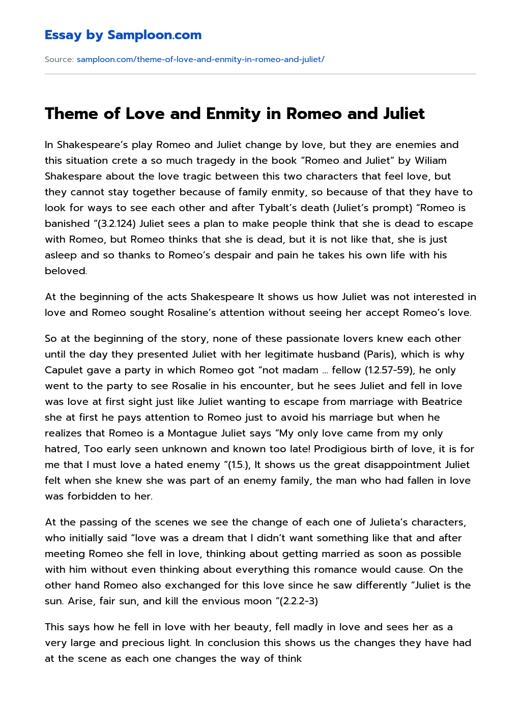 Theme of Love and Enmity in Romeo and Juliet Summary essay