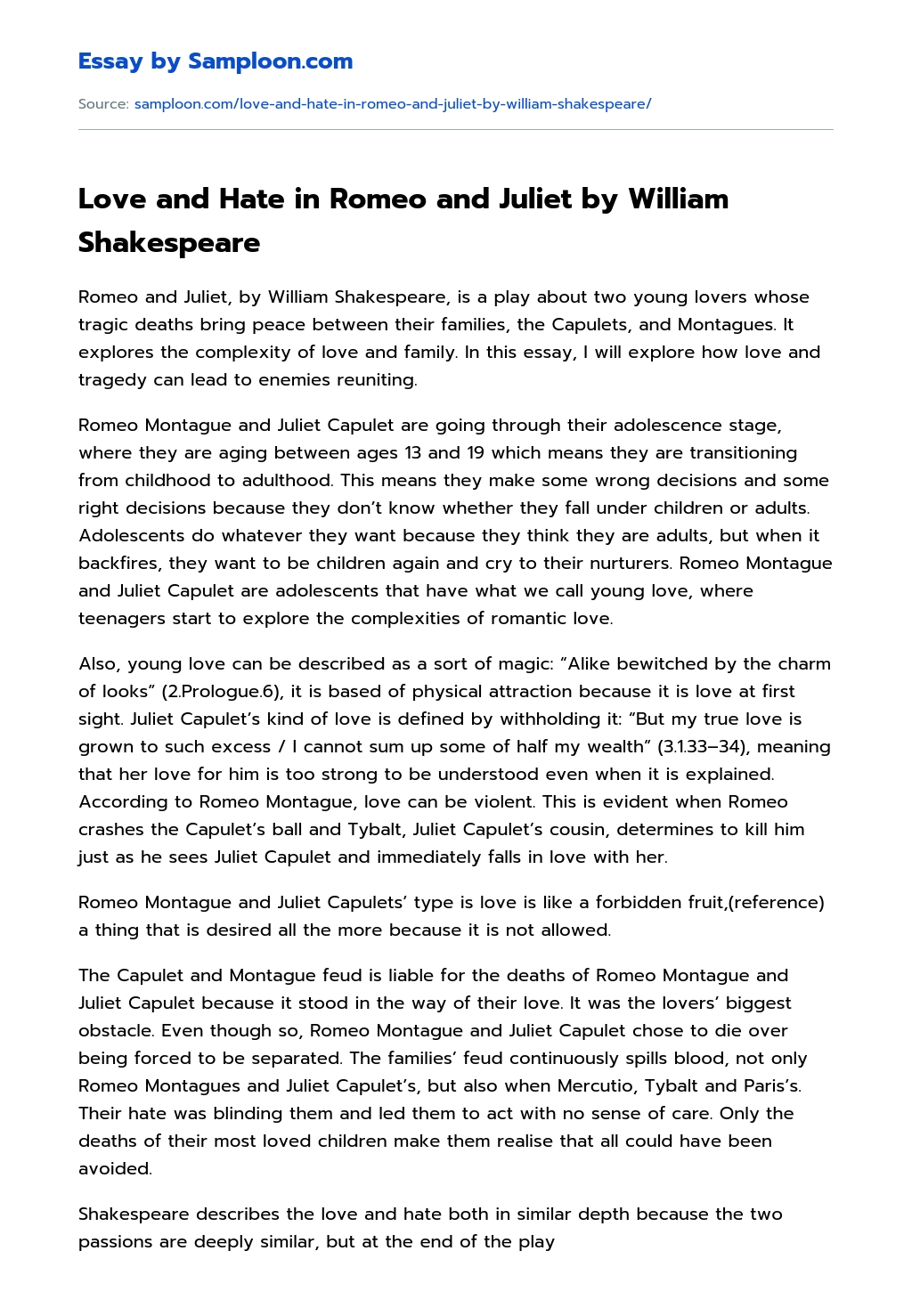 Love and Hate in Romeo and Juliet by William Shakespeare Argumentative Essay essay