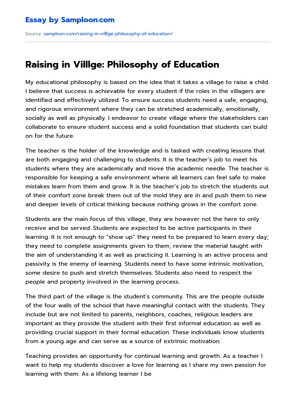 Raising in Villlge: Philosophy of Education  essay