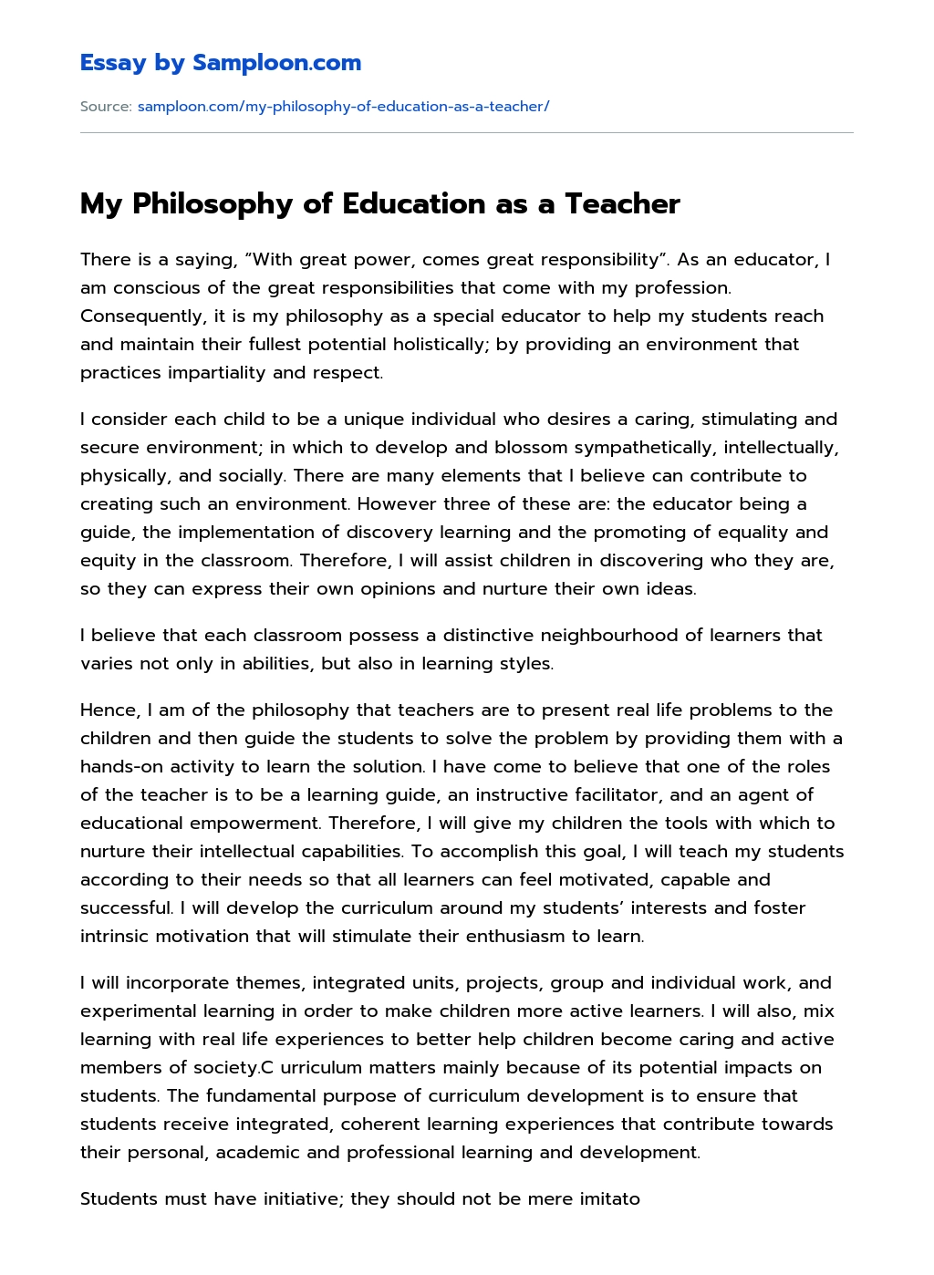 My Philosophy of Education as a Teacher essay