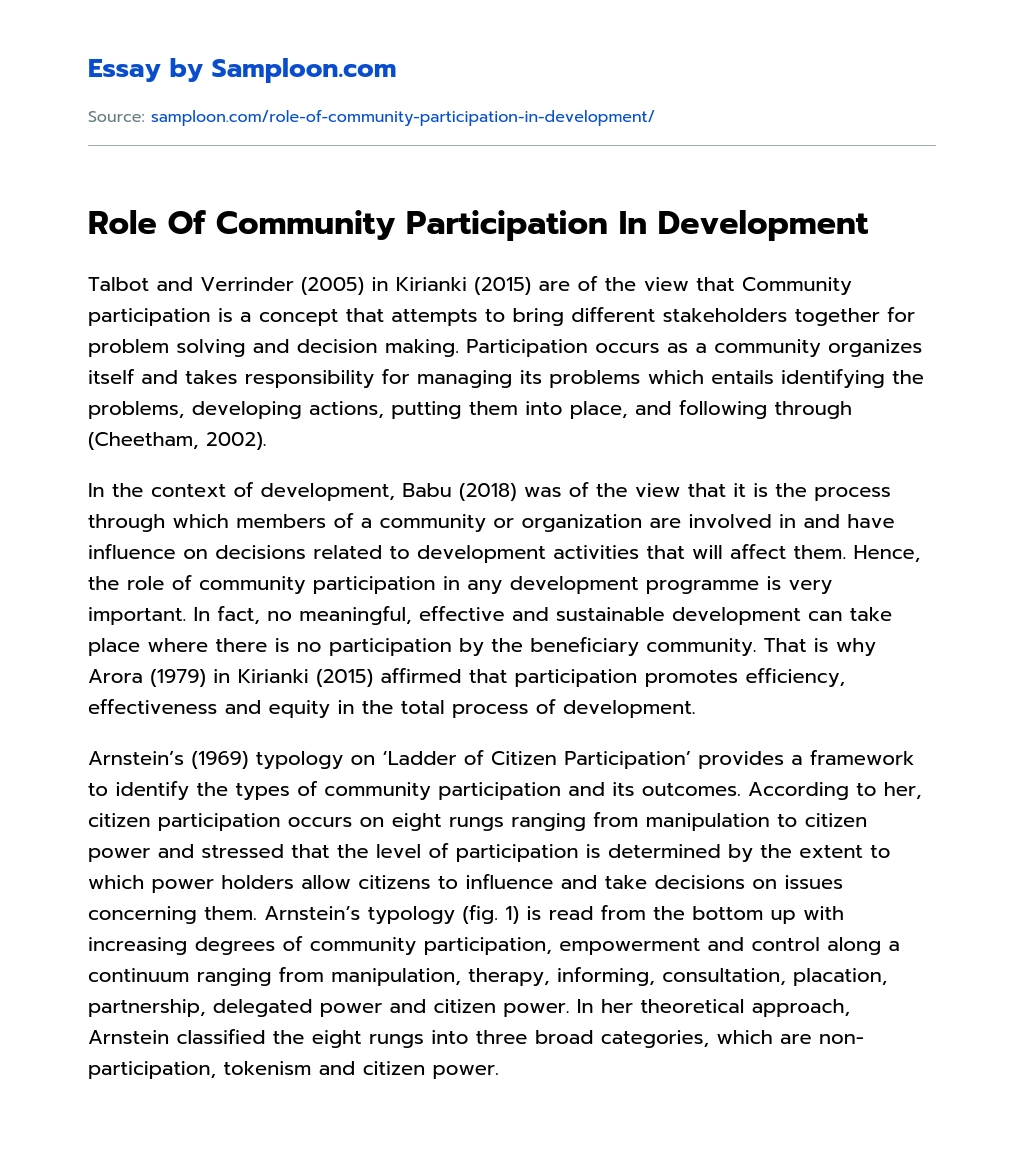 Role Of Community Participation In Development essay