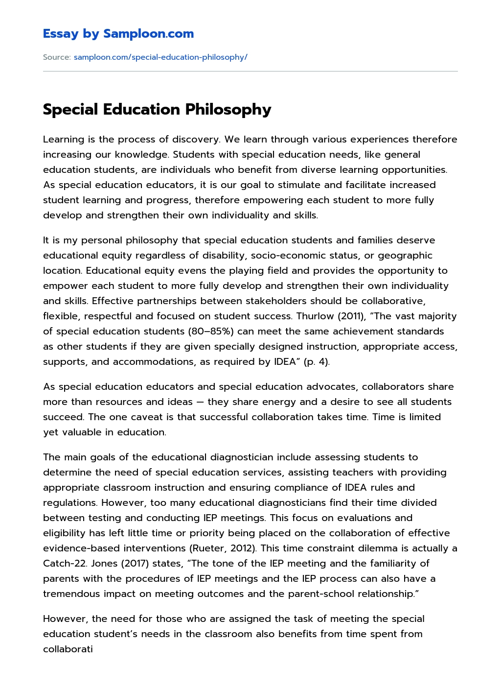 Special Education Philosophy Personal Essay essay