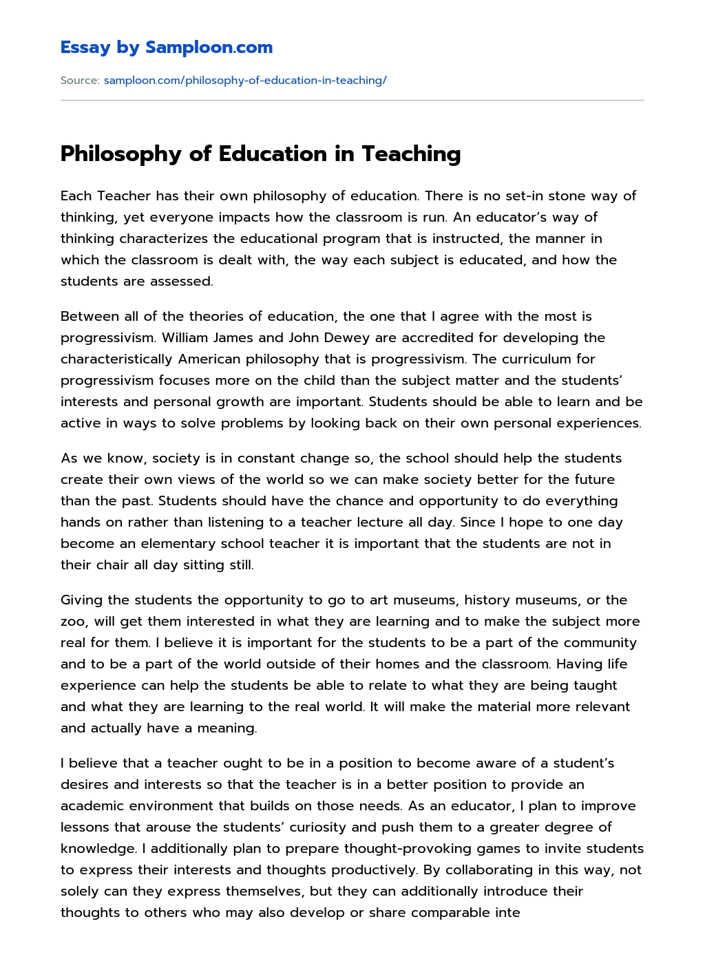 Philosophy of Education in Teaching essay