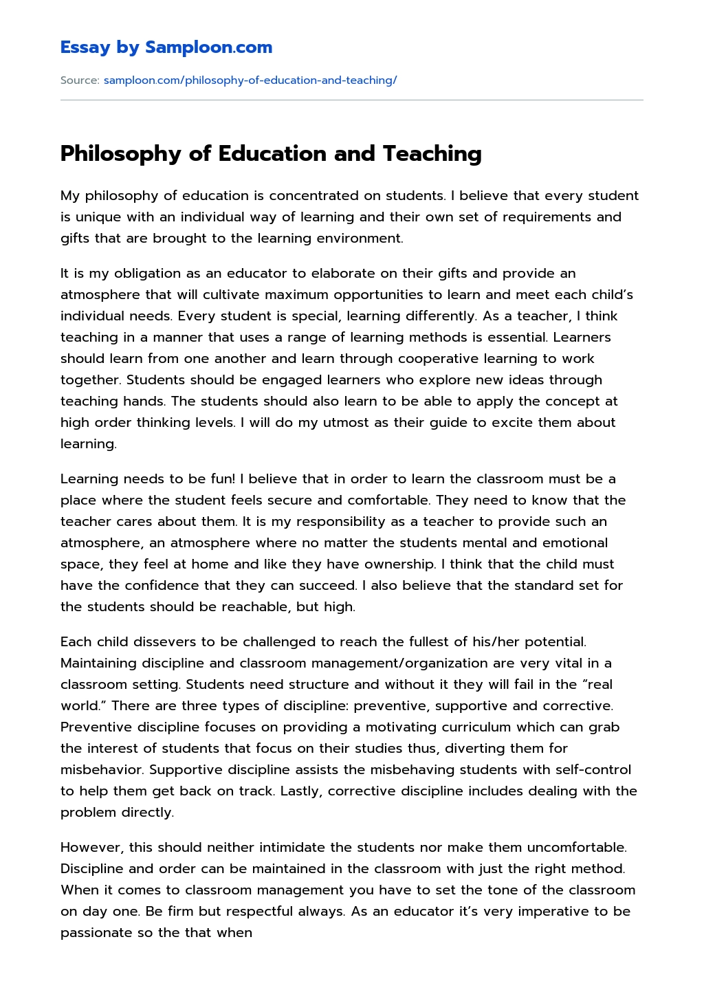 Philosophy of Education and Teaching essay