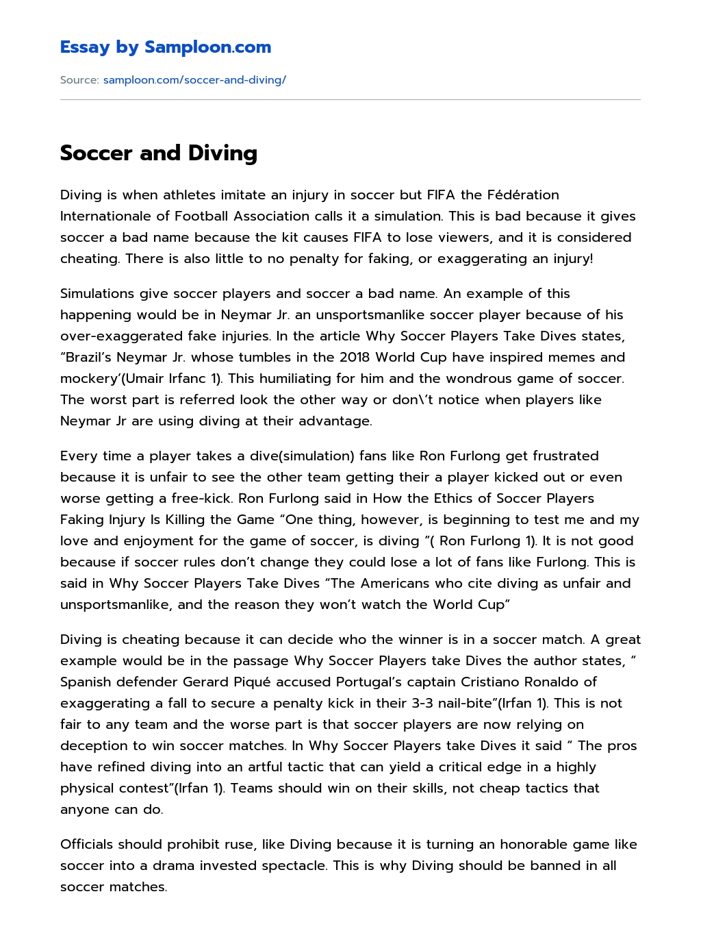 Soccer and Diving essay