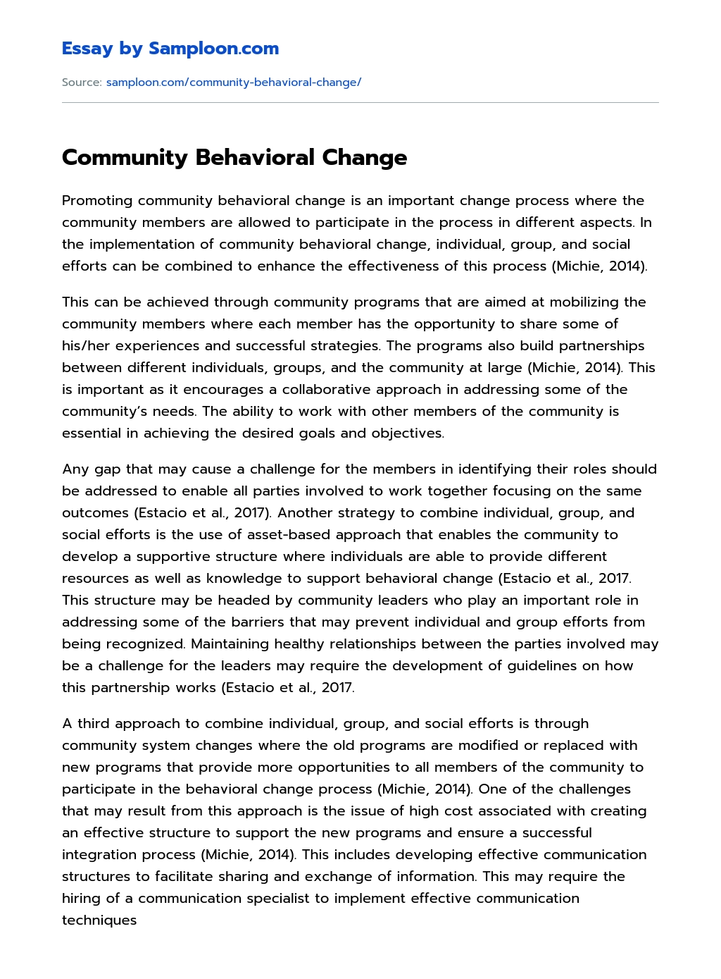 Community Behavioral Change  essay