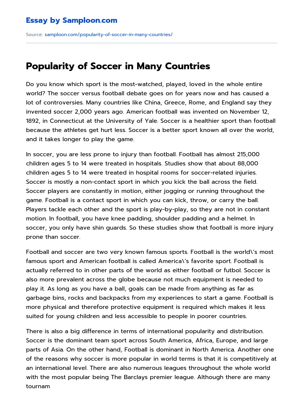 Popularity of Soccer in Many Countries essay