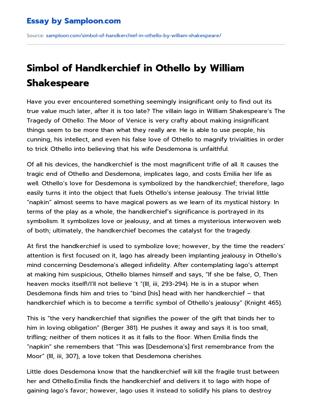 Simbol of Handkerchief in Othello by William Shakespeare essay