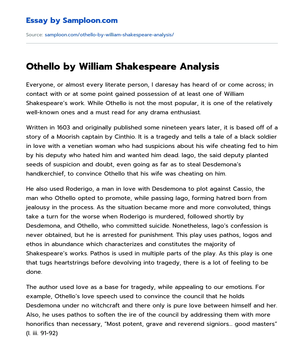 Othello by William Shakespeare Analysis essay