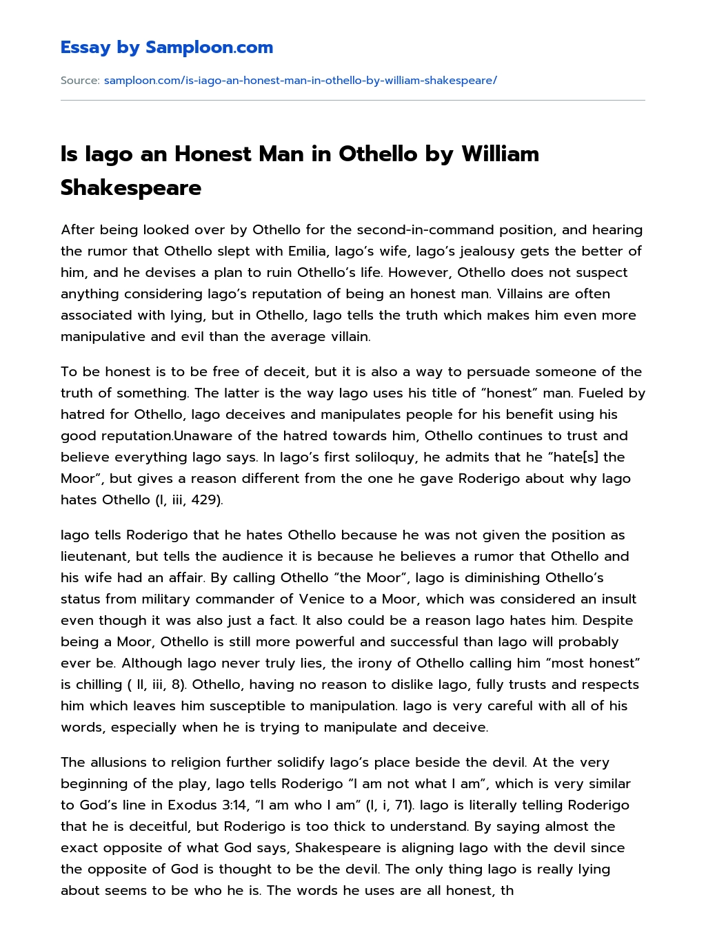Is Iago an Honest Man in Othello by William Shakespeare essay