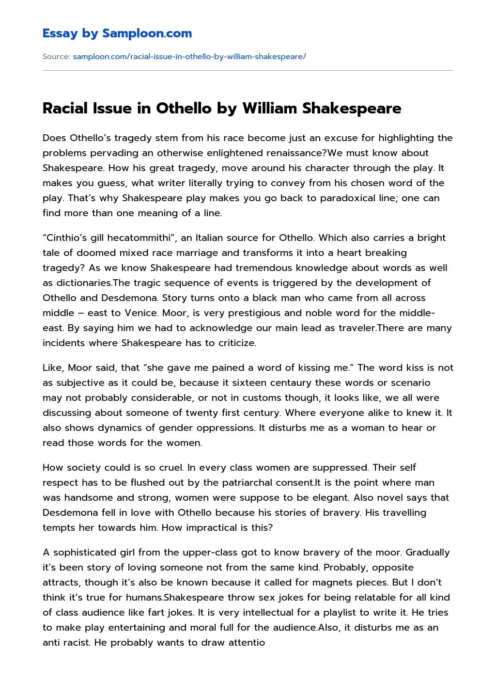 Racial Issue in Othello by William Shakespeare essay