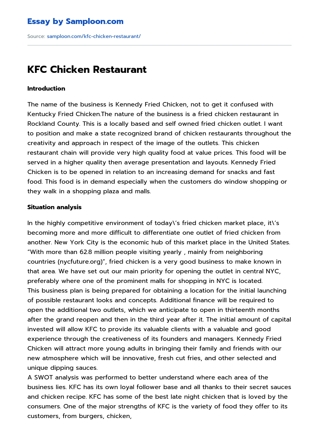 KFC Chicken Restaurant essay