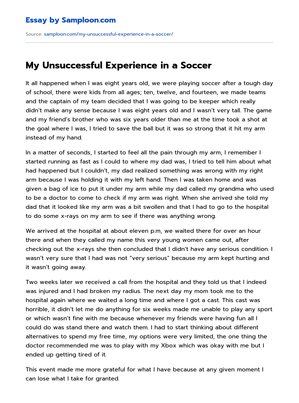 My Unsuccessful Experience in a Soccer essay
