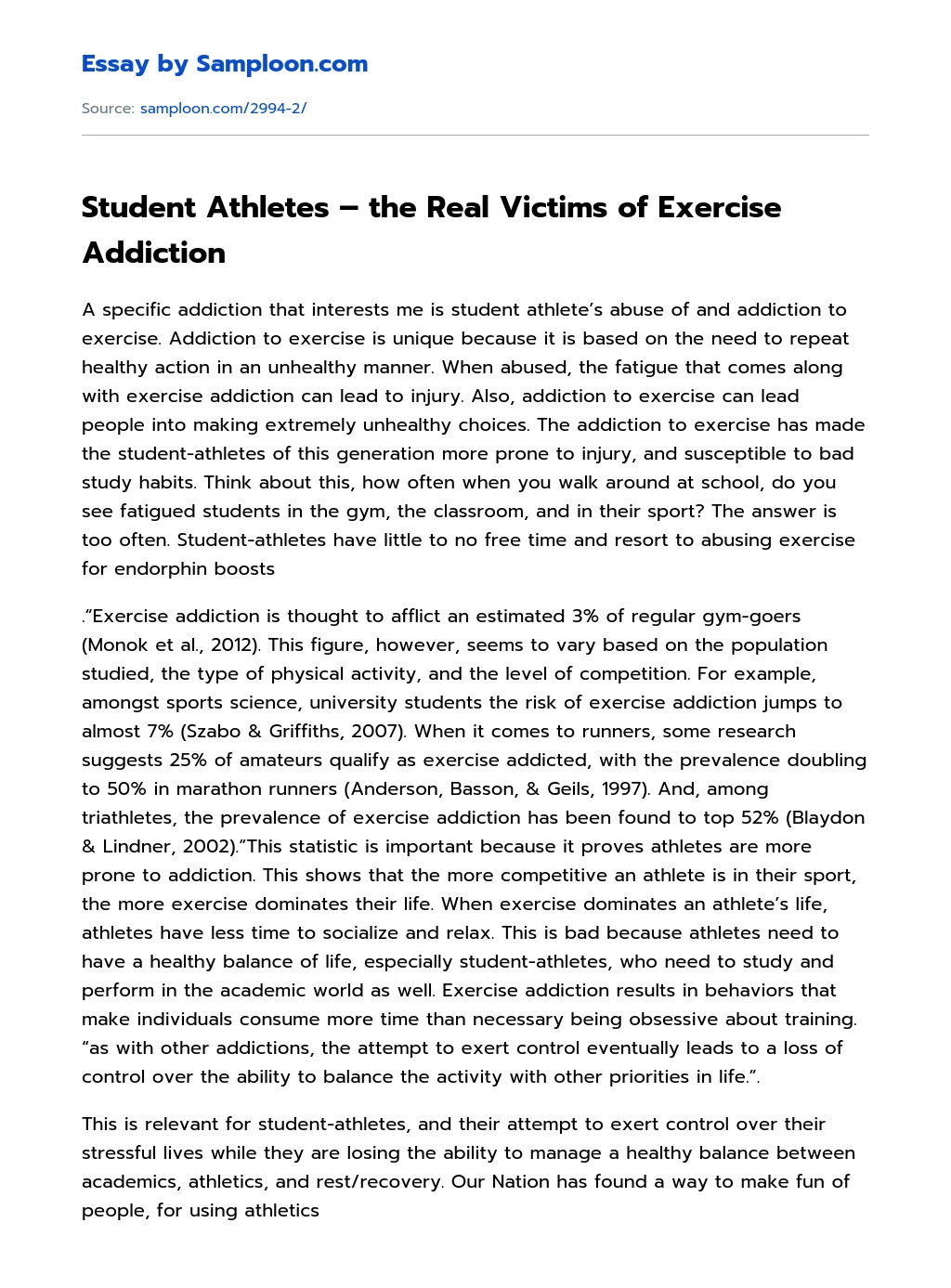Student Athletes – the Real Victims of Exercise Addiction essay