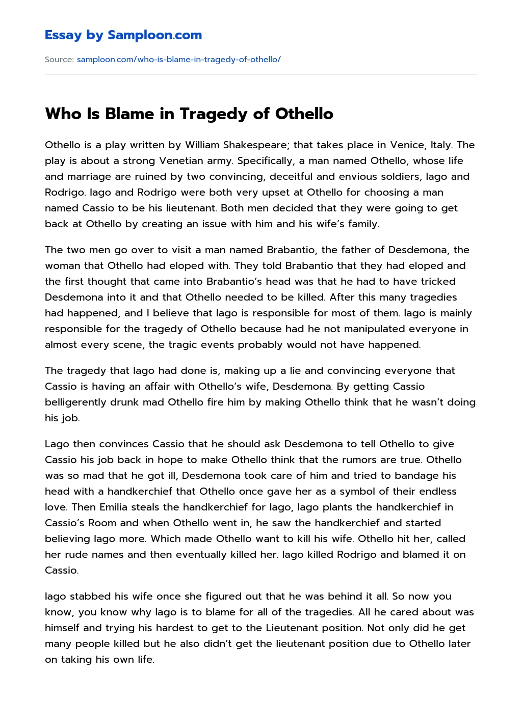 Who Is Blame in Tragedy of Othello essay