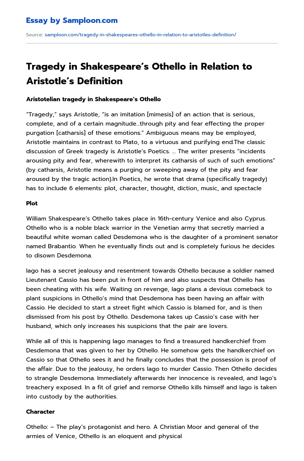 Tragedy in Shakespeare’s Othello in Relation to Aristotle’s Definition essay