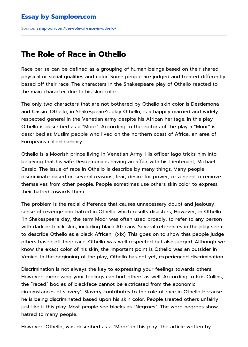 The Role of Race in Othello essay