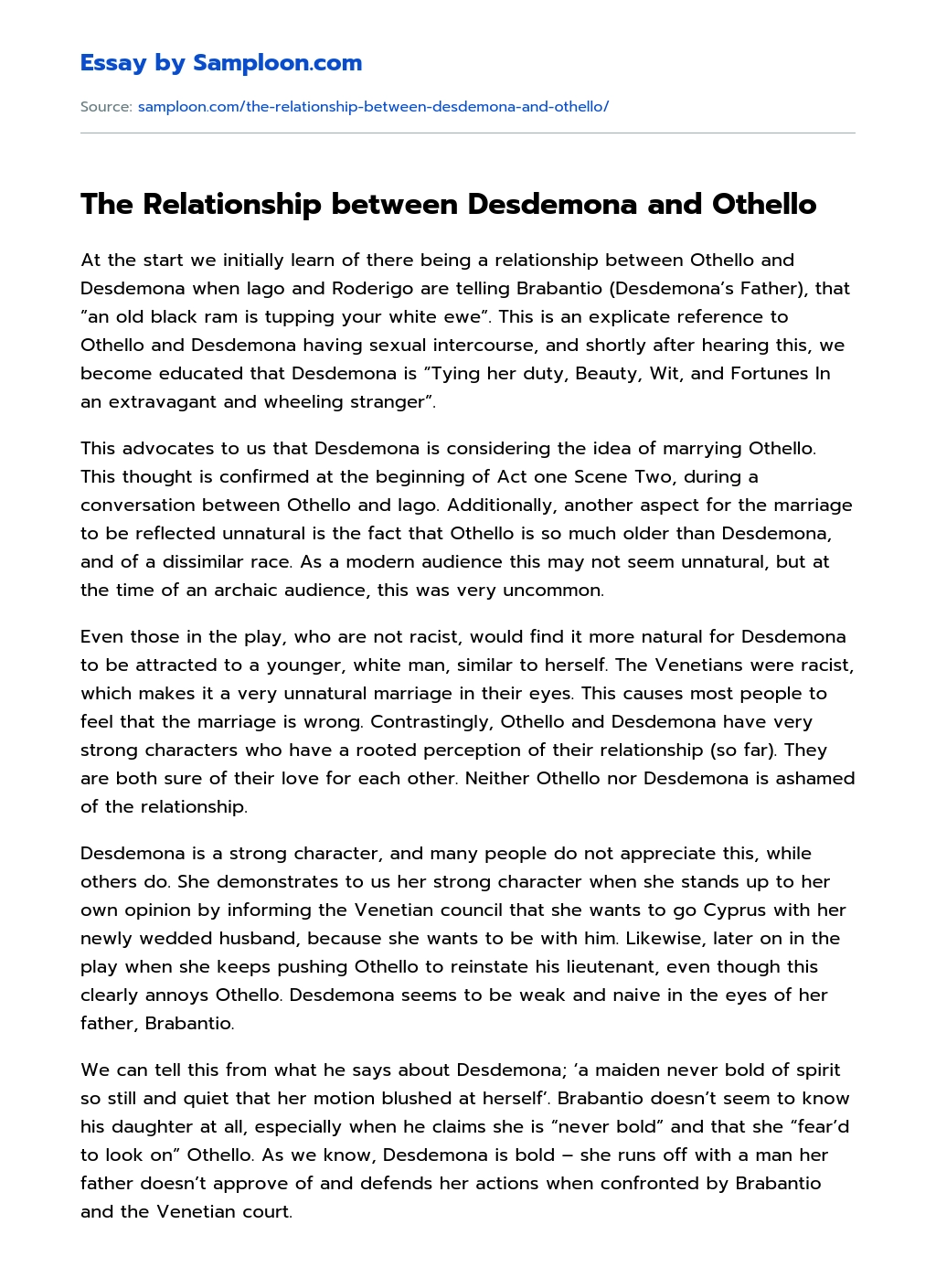 The Relationship between Desdemona and Othello essay