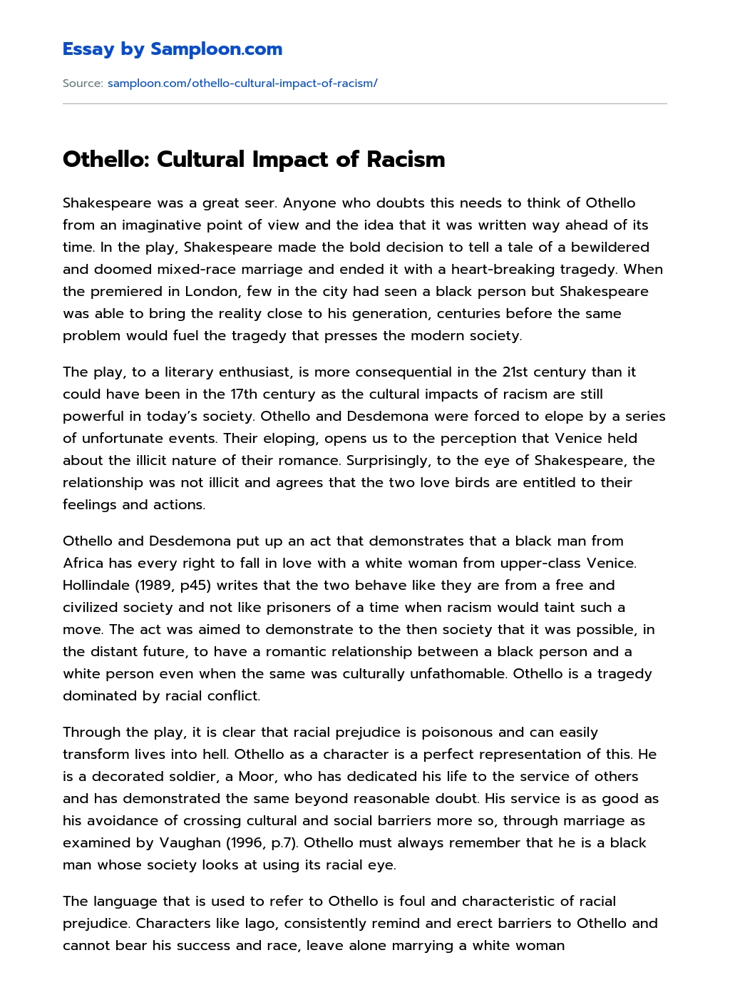 Othello: Cultural Impact of Racism essay