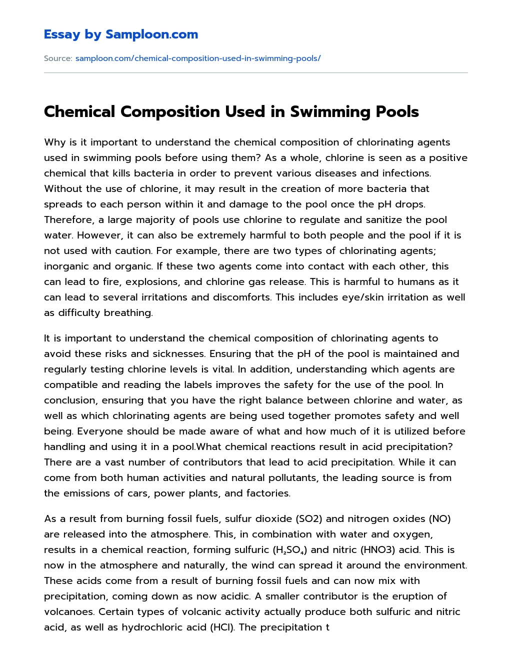 Chemical Composition Used in Swimming Pools essay