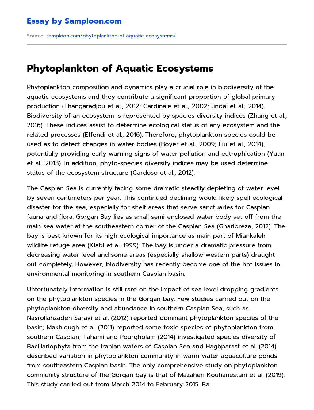 Phytoplankton of Aquatic Ecosystems essay