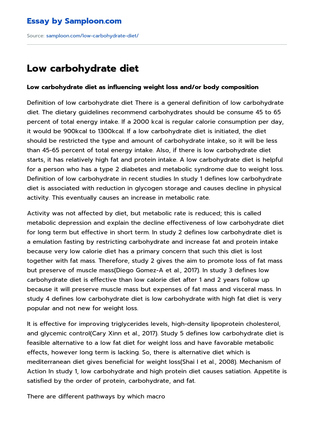 Low carbohydrate diet essay