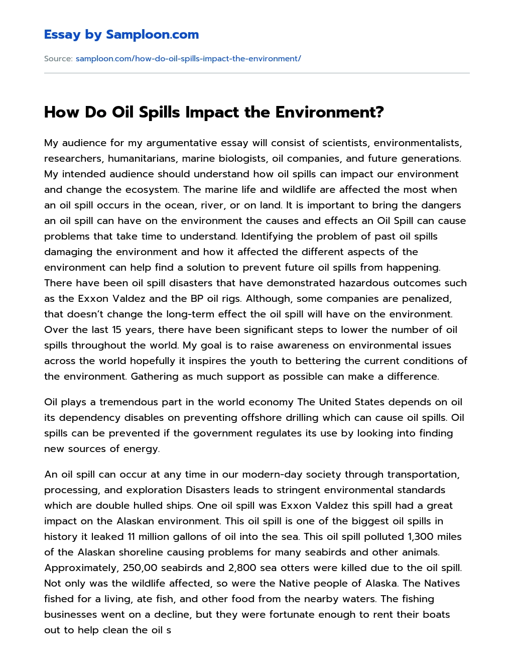 How Do Oil Spills Impact the Environment? Argumentative Essay essay