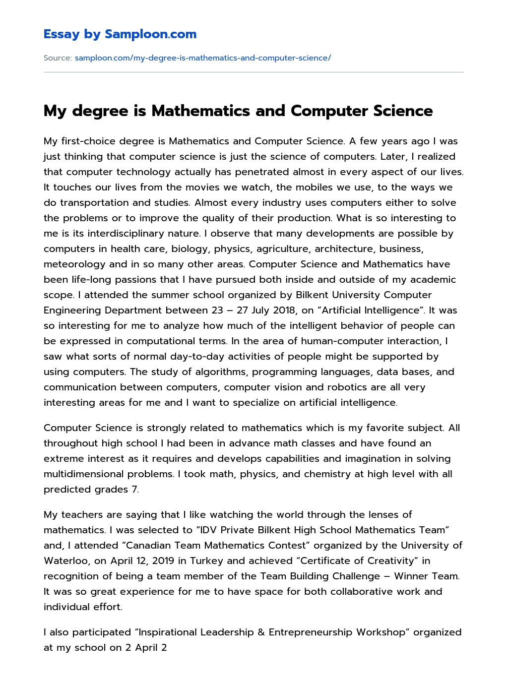 My degree is Mathematics and Computer Science essay