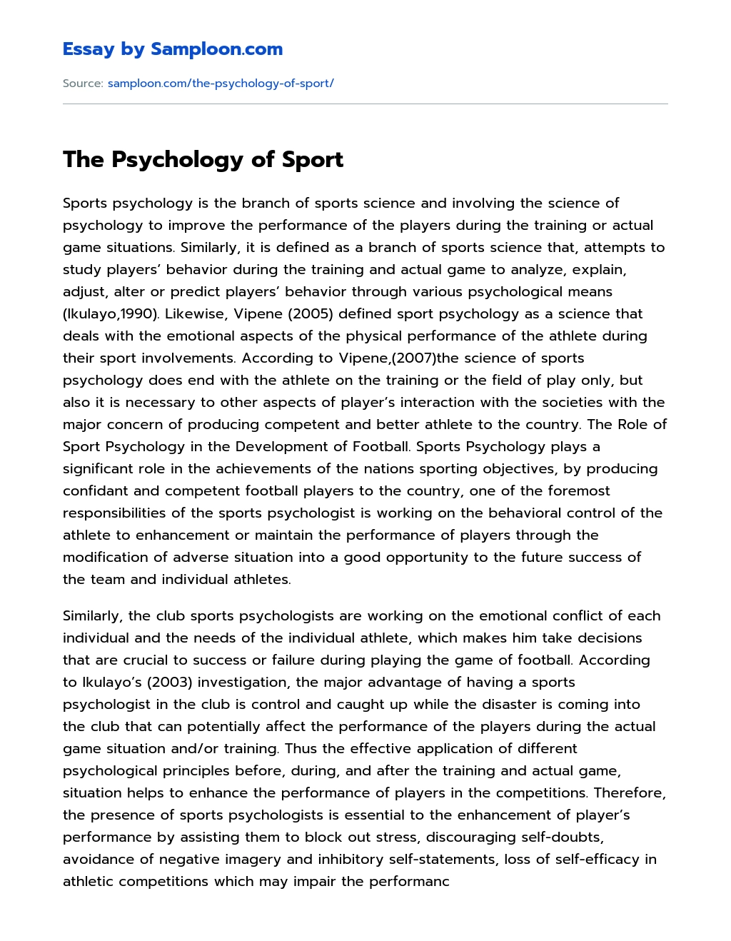 The Psychology of Sport essay