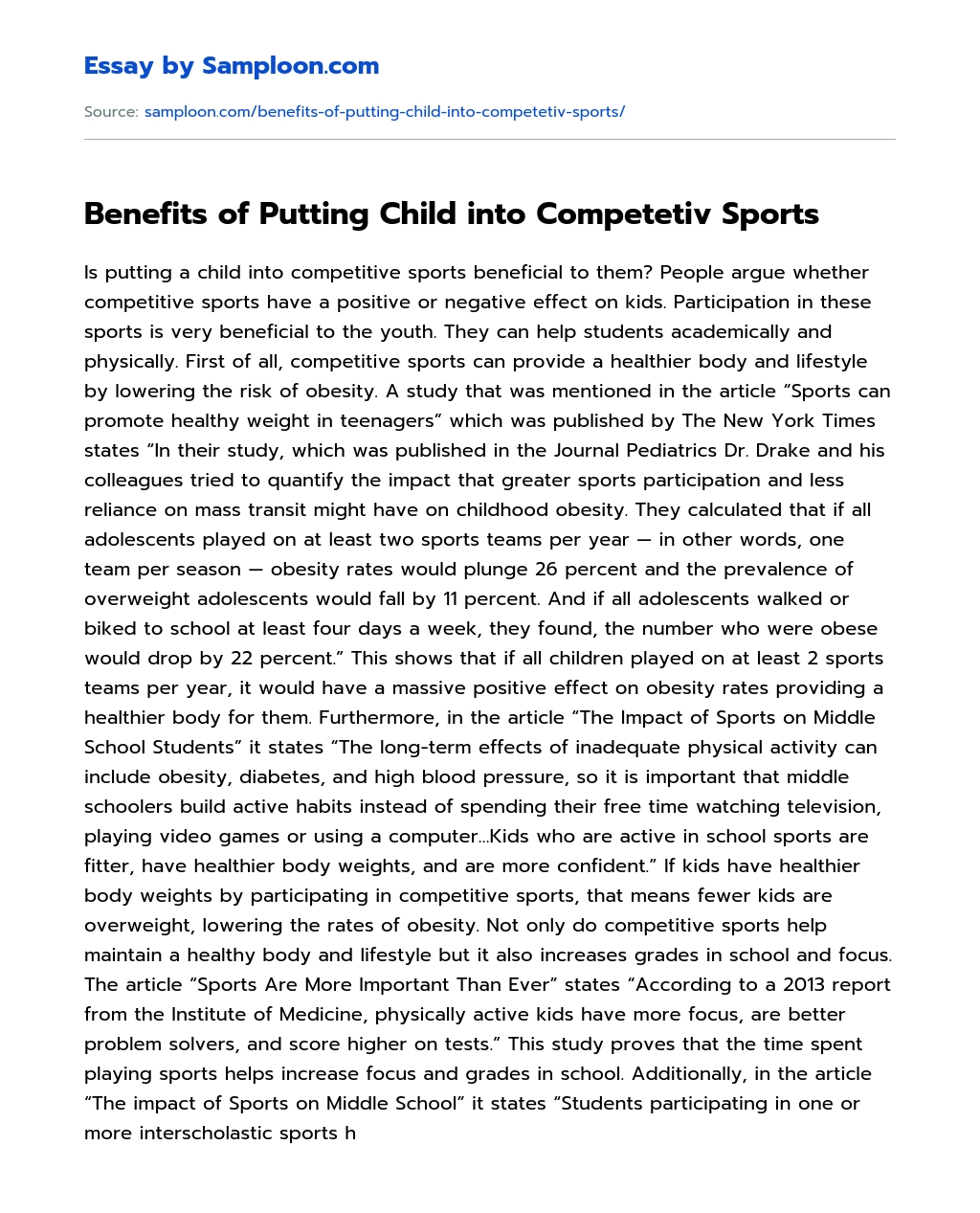 Benefits of Putting Child into Competetiv Sports essay