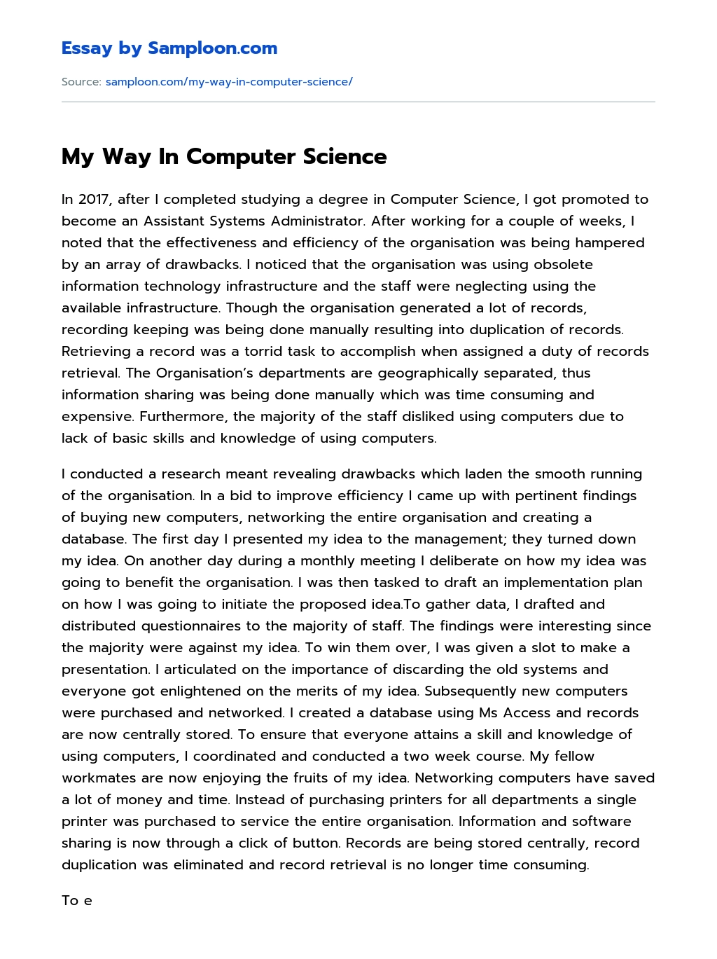 My Way In Computer Science Application essay