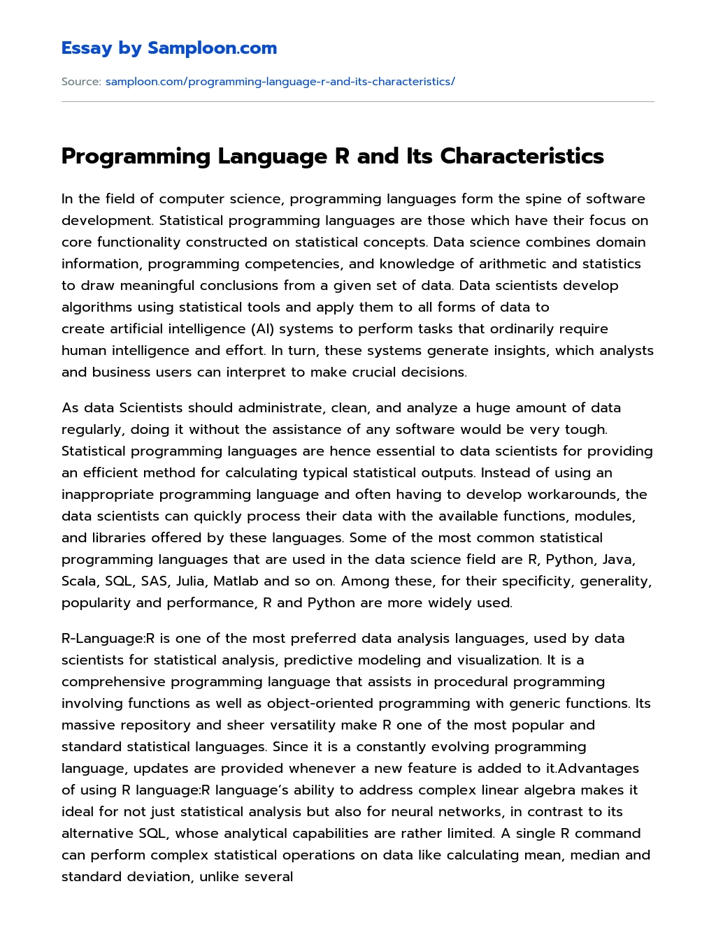 Programming Language R and Its Characteristics essay