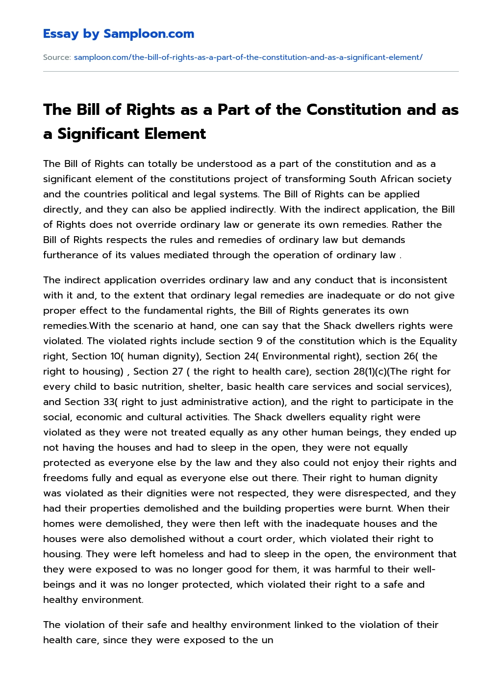 The Bill of Rights as a Part of the Constitution and as a Significant Element essay